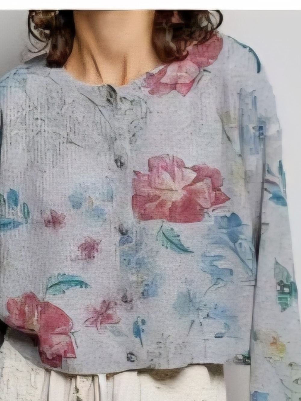 POL Floral Watercolor Button-Front Top in Gray with Pink and Blue Blooms